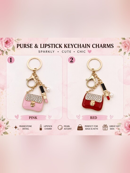 The Unbranded Brand Accessories - Rhinestone Lipstick & Purse Keychain Charm — Pink or Red